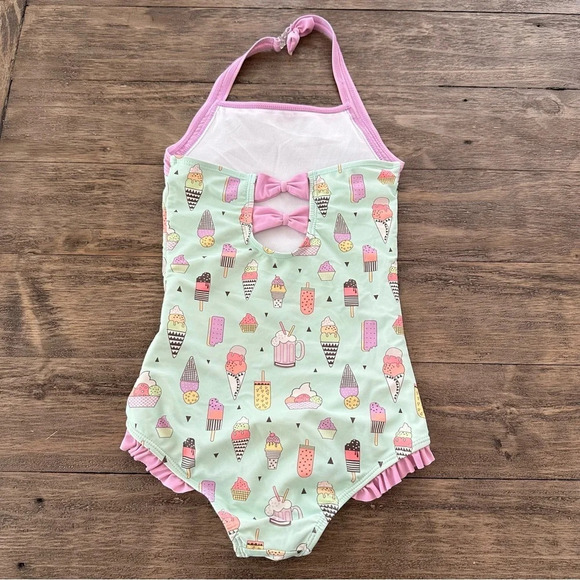 Ruffle Butts Girls 10 Aqua One Piece Swimsuit Halter Ice Cream Popsicle Ruffle - Picture 4 of 5